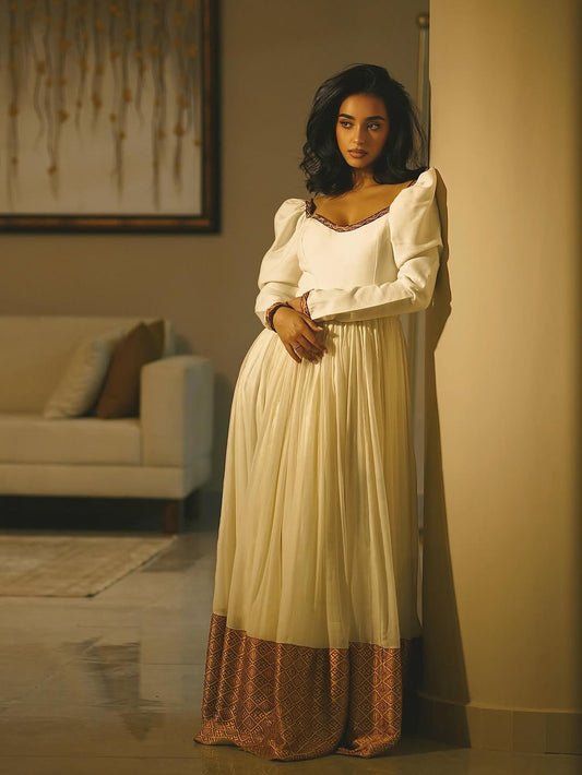 Classic Habesha Kemis β Off-White with Gold Ethiopian Dress with Tilf Hemline