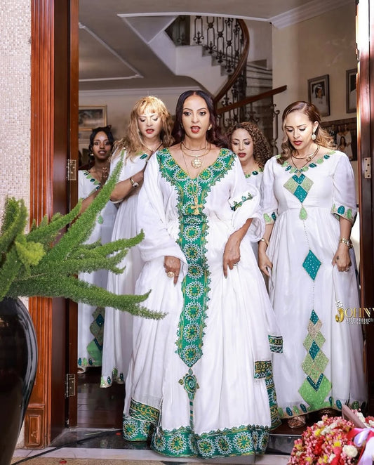 Emerald Green Habesha Kemis β Luxury Tilf Ethiopian Traditional Dress for Shemgelena