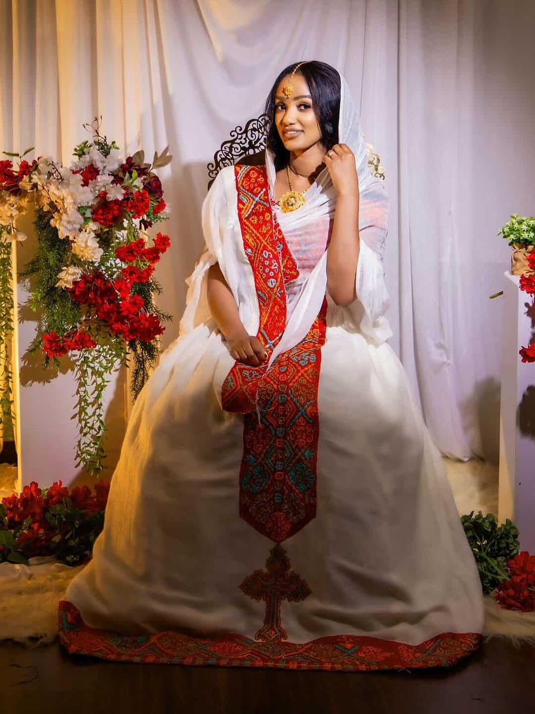 Red Tilf Modern Habesha Kemis – Ethiopian Dress with Detailed Borders