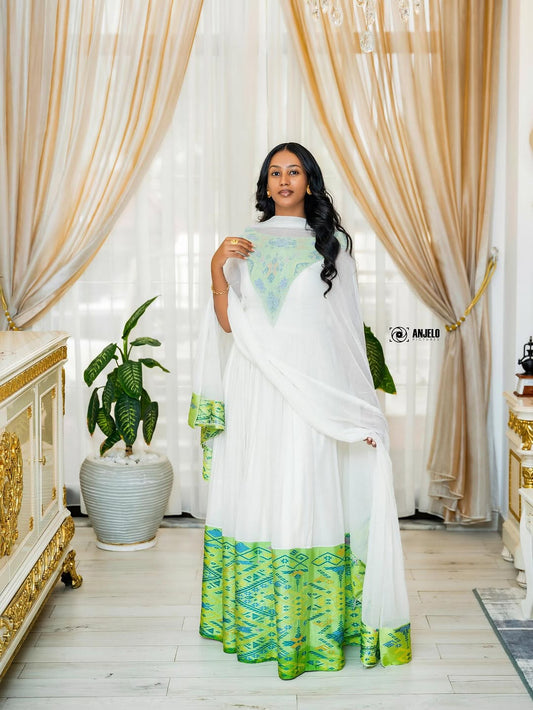 Green Tilf Habesha Kemis – Modern Ethiopian Dress by Tsehaye Mehari