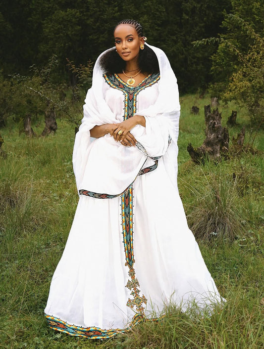 Ceremonial Green Habesha libs – White Handwoven Ethiopian menen clothing | Tsehaye Mehari