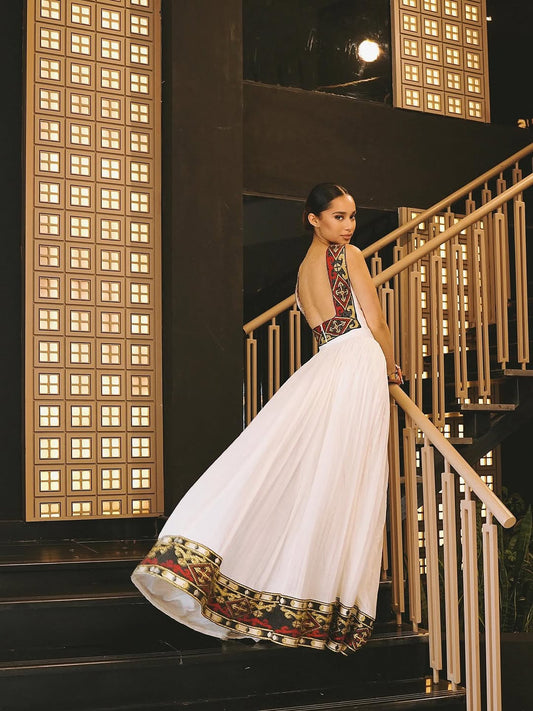 Elegant High-Neck Habesha Dress β Traditional Black & Gold Border kemis by Tsehaye Mehari