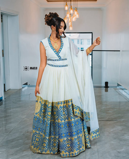 Elegant Blue wedding Habesha Dress – Traditional Habesha Kemis for shemgelna by Tsehaye Mehari
