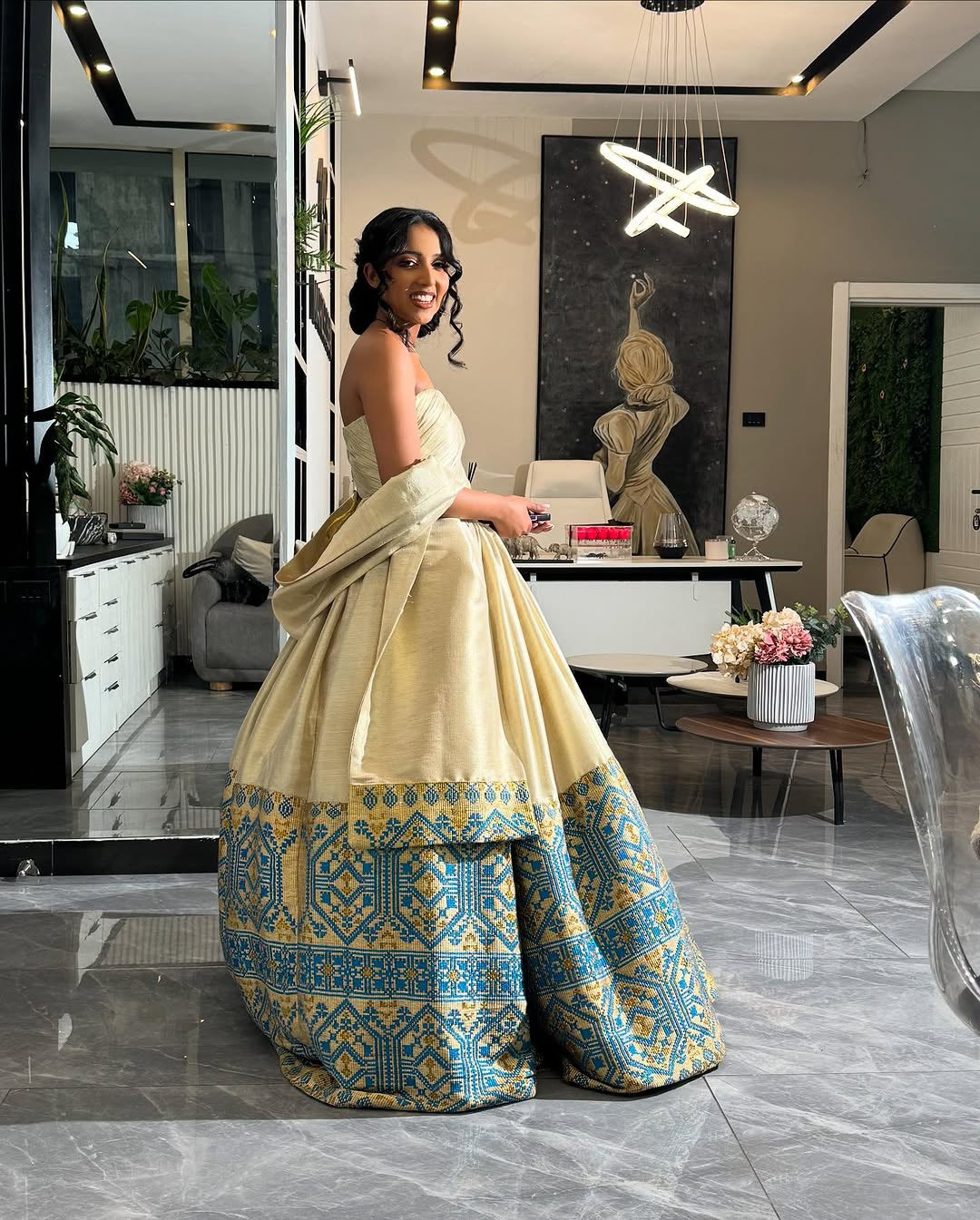 Ivory & Blue Habesha Kemis Couple Set – Ethiopian Wedding Dress by Tsehaye Mehari