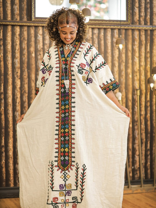Green Gonder Fetel Habesha Kemis – Traditional Ethiopian Dress with Detailed Gonder-Style Stitching for Cultural Events