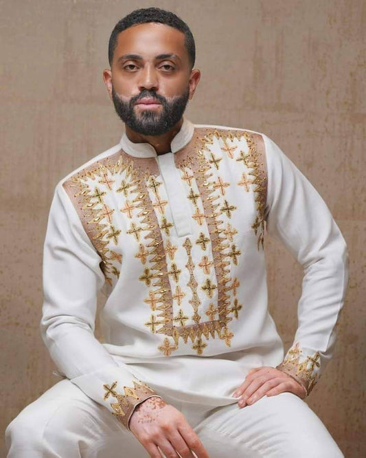 Habesha Men's Shirt with Gold Cross Embroidery – Authentic Ethiopian Traditional Outfit