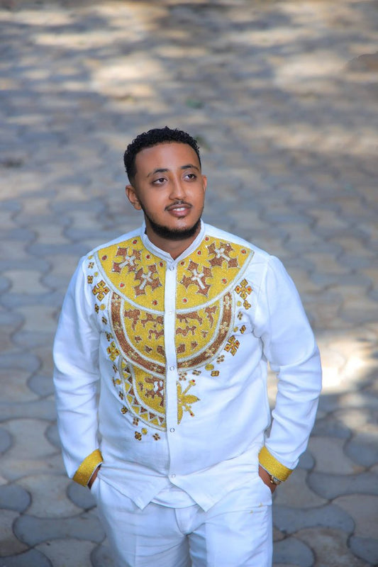 Habesha Men's Shirt with Gold & Yellow Tibeb – Handmade Ethiopian shirt for Celebrations