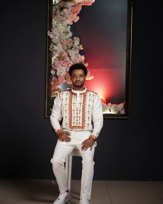 White Habesha Men's Shirt with Gold Embroidery – long Sleeve Modern Design