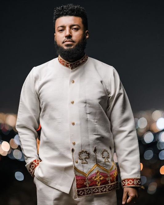 White Habesha Men's Shirt with multicolor tibeb Embroidery – Symbolic Motifs