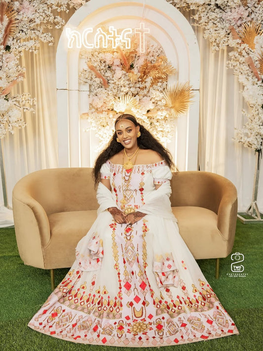 Red Ethiopian Dress Matching Set – Stylish New Design Traditional Outfit for Him and Her