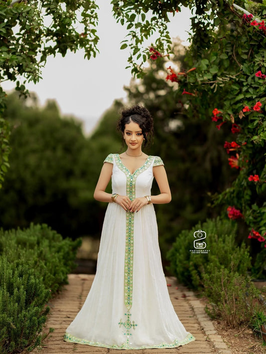 Green Habesha Kemis – Simple Sleeveless Ethiopian Traditional Dress for Cultural Gatherings and Everyday Elegance