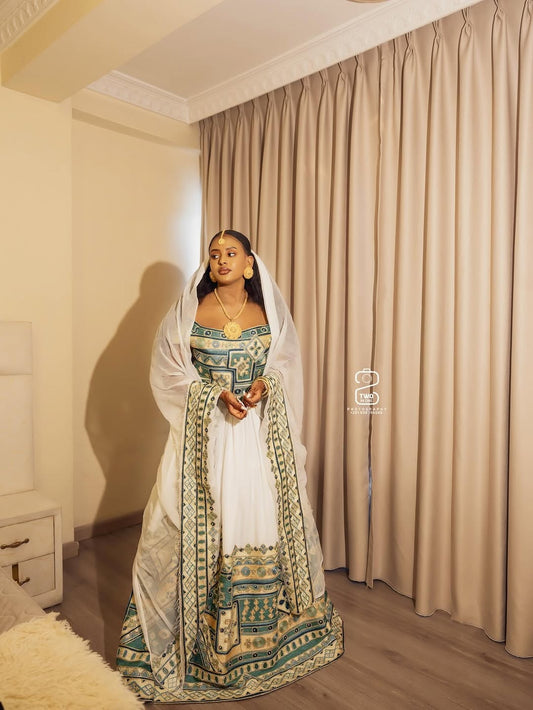 Green Habesha Wedding Dress – Elegant Ethiopian Bridal Kemis with Timeless Design for Weddings and Cultural Ceremonies