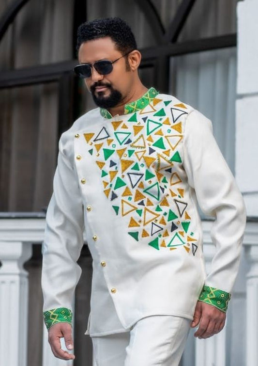 Modern Habesha Men's Shirt with Green & Gold with new design