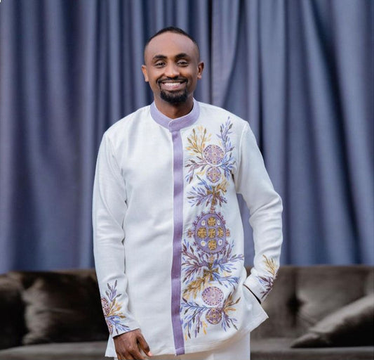 White Habesha Men's Shirt with Purple & Gold Floral Embroidery – Elegant Vertical Panel