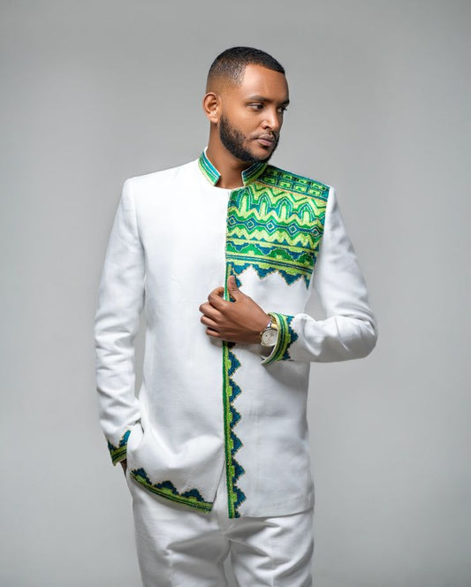 Habesha Men's shirt with Green Tibeb – Modern Ethiopian Traditional Wear