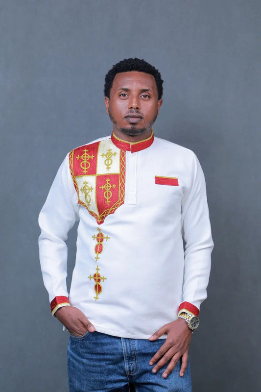 White Habesha Men's Shirt with Red and Gold Tibeb – Elegant Ethiopian Shirt