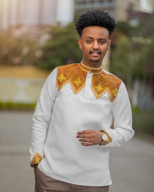 Habesha Men's Shirt with Gold & Scalloped Tibeb – Authentic Ethiopian Style