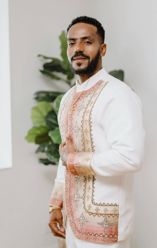 White Habesha Men's Shirt with Pink & Gold Gradient Embroidery – Contemporary Elegance