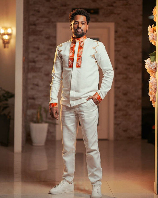 White Habesha Men's Shirt with Orange & White Tibeb – Classic Stand Collar