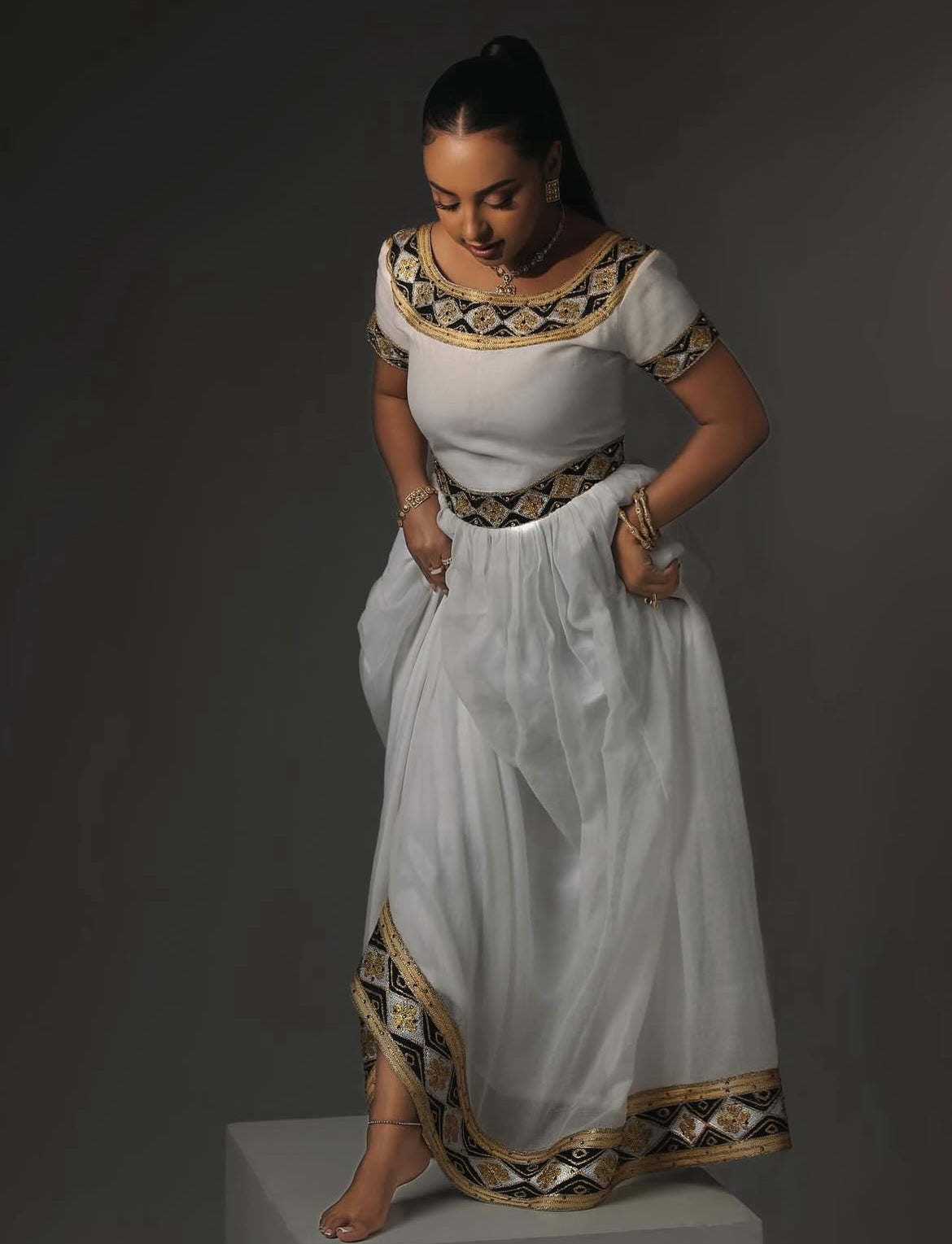 Gold & Black Habesha Dress – Elegant Ethiopian Traditional Kemis for Weddings