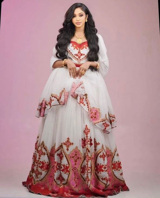 Beautiful Wedding Dress with red Tibeb – Ethiopian and Eritrean Traditional Dress