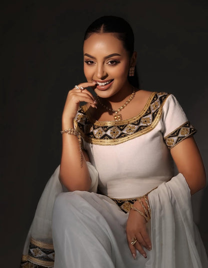 Gold & Black Habesha Dress – Elegant Ethiopian Traditional Kemis for Weddings