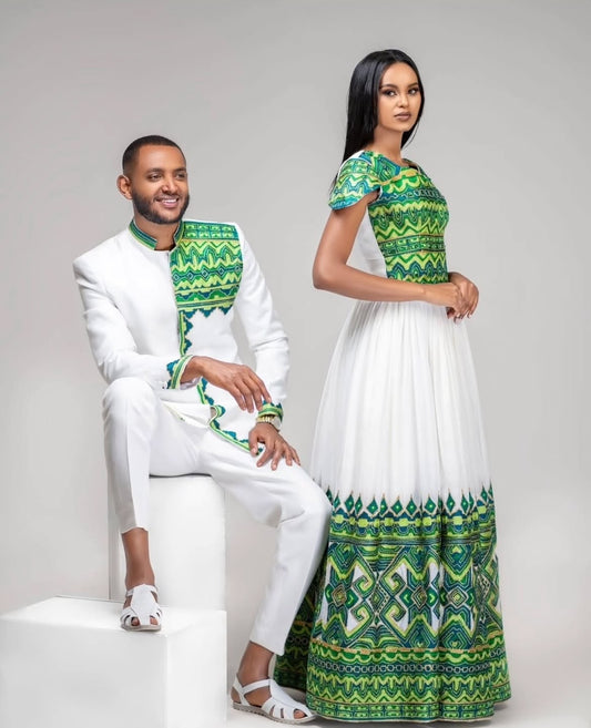 Habesha Wedding Couple Outfit β Traditional Ethiopian Dress & Menβs Tunic with Green Embroidery