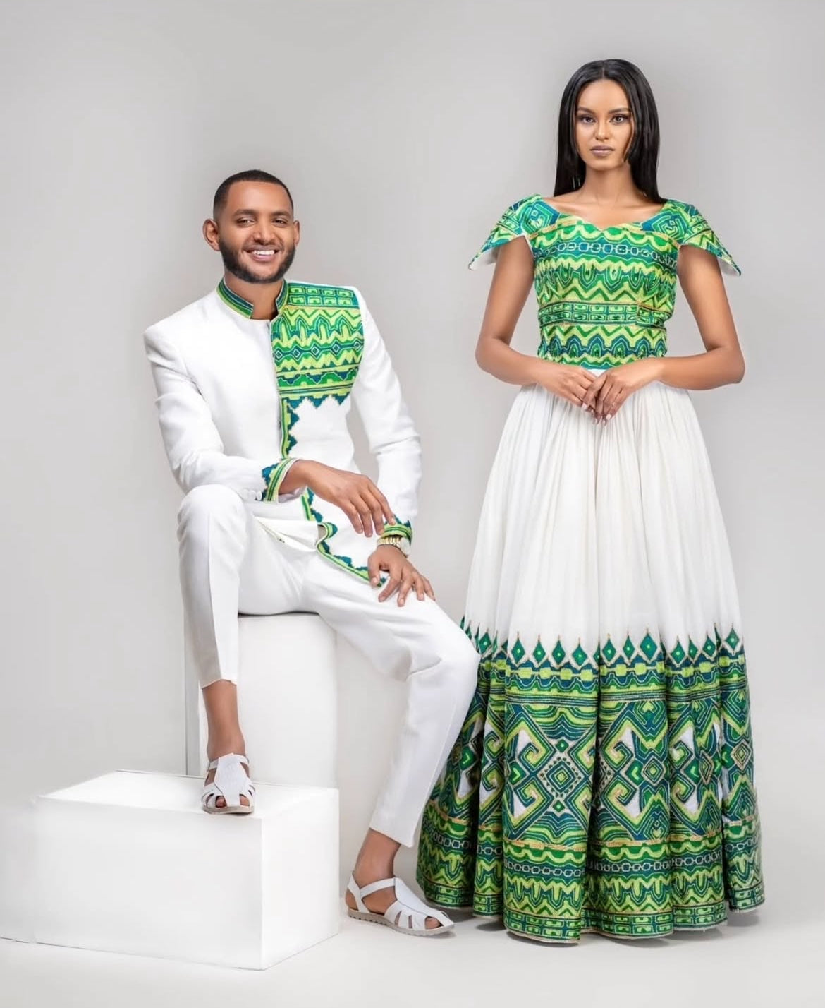 Habesha Wedding Couple Outfit – Traditional Ethiopian Dress & Men’s Tunic with Green Embroidery