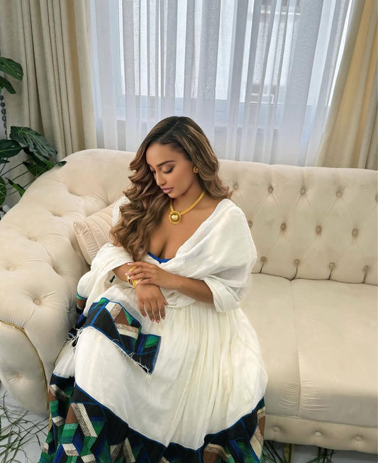 Green & Black Habesha Dress with Geometric Embroidery – Traditional Handwoven Elegance