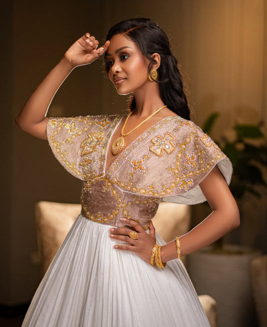 Elegant White & Brown Habesha Wedding Dress – Handwoven with Traditional Tibeb