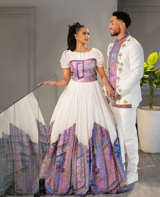 Elegant White Habesha Dress for Women – Traditional Ethiopian Dress with Purple Tilf Embroidery | Habesha Kemis