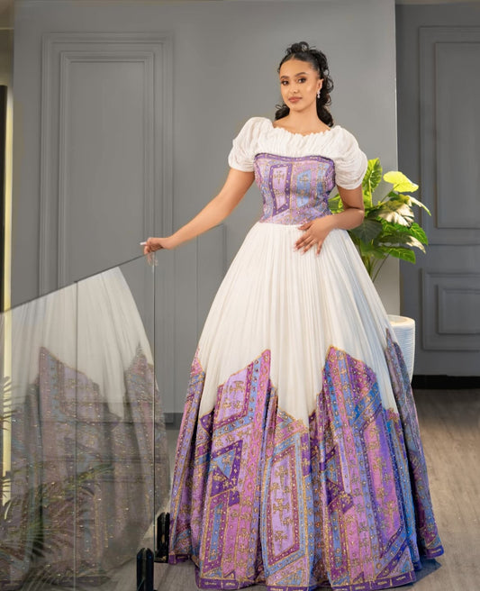 Elegant White Habesha Dress for Women – Traditional Ethiopian Dress with Purple Tilf Embroidery | Habesha Kemis