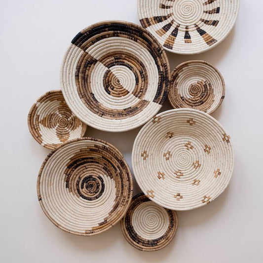 Handmade Ethiopian Basket Wall Art – Brown & White Spiral Cluster (4-Piece Set)