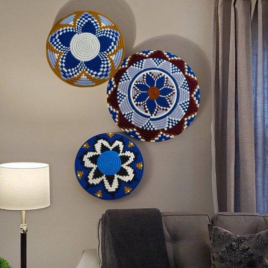 Customizable Ethiopian Wall Basket Set – Blue, Brown & Natural Tones (3-Piece)