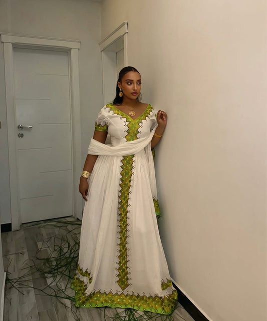 Ethiopian Dress - Traditional habesha Green tibeb for Holidays