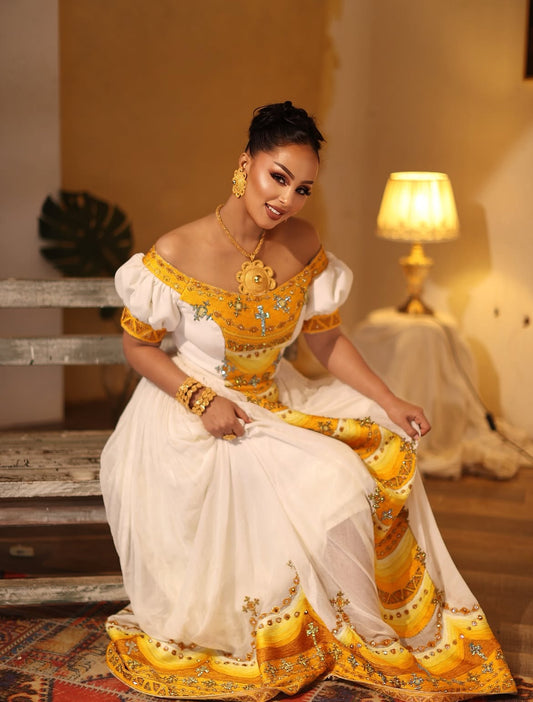 Ethiopian Store | Gold Elegant Habesha Dress Handmade Clothing