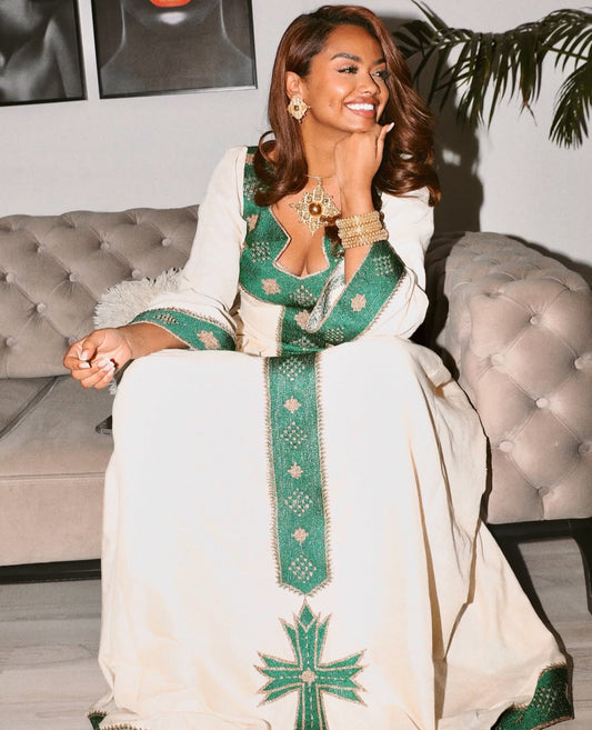 green Ethiopian Habesha Dress | Handmade Cotton Outfit for Diaspora