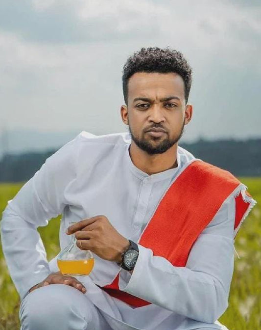 Habesha Men's Shirt with Red & Scalloped Tibeb – Authentic Ethiopian Style
