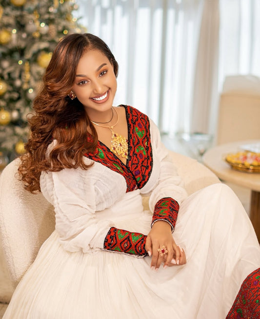 Habesha Dress – Traditional White Ethiopian Kemis with Red Borders