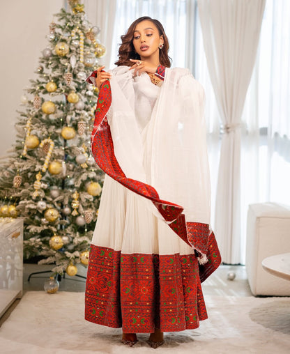 Habesha Dress – Traditional White Ethiopian Kemis with Red Borders