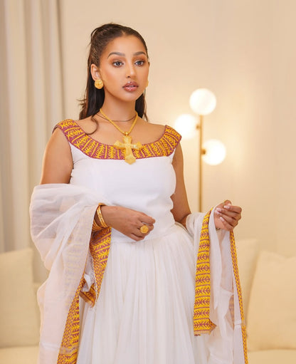 Ethiopian Store – White Traditional Habesha Dress with Gold Embroidery