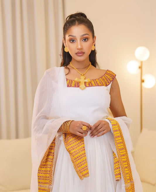 Ethiopian Store – White Traditional Habesha Dress with Gold Embroidery