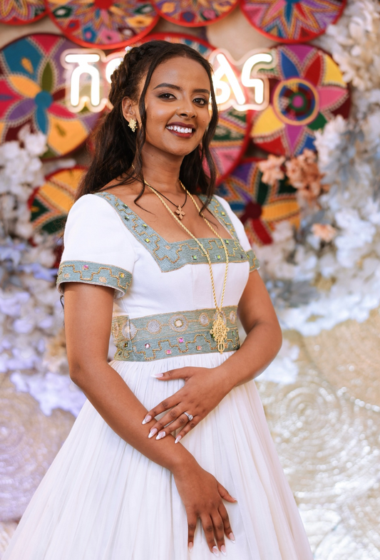 Simple Habesha Wedding/Shimgilina Dress with Delicate Green Embroidery