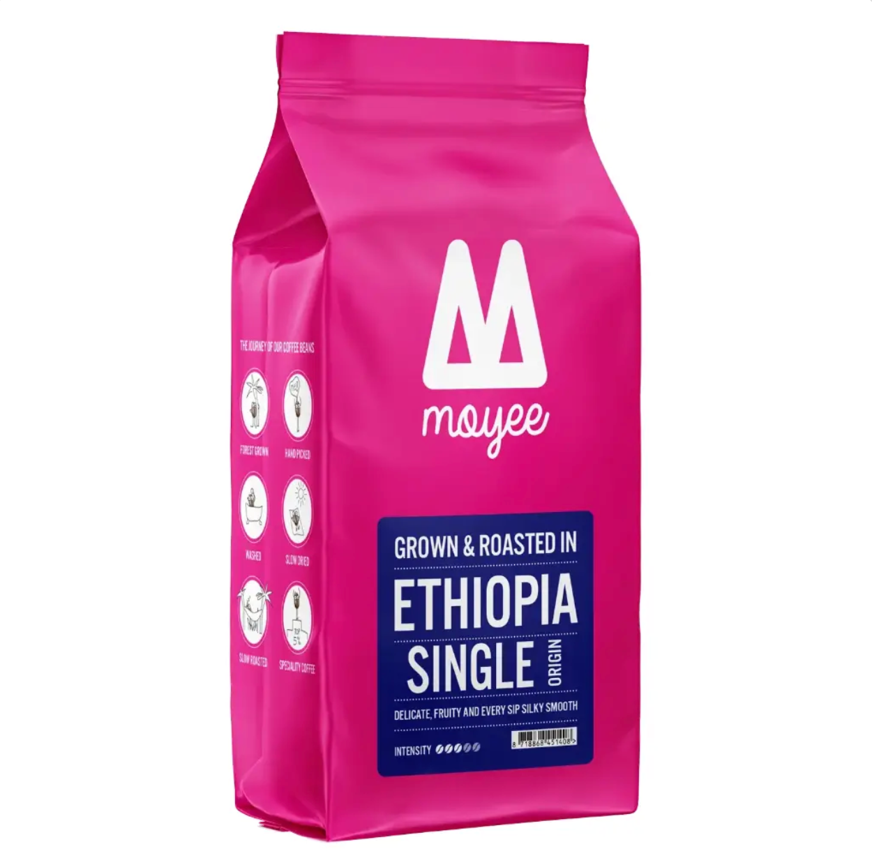 Pink coffee bag with Moyee logo and Ethiopia single origin label on a white background