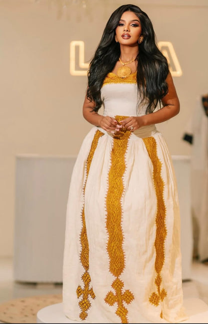 Elegant Ethiopian  Dress with Gold Tibeb – Classic Habesha Kemis Style