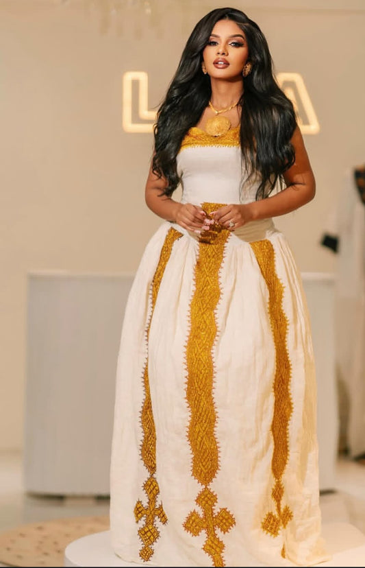 Elegant Ethiopian  Dress with Gold Tibeb – Classic Habesha Kemis Style