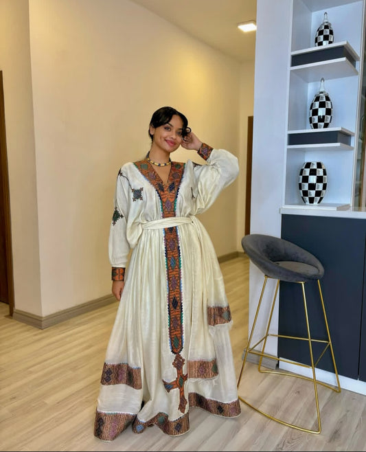 Artisanal Habesha Dress with Brown Tibeb – Handwoven Ethiopian Dress