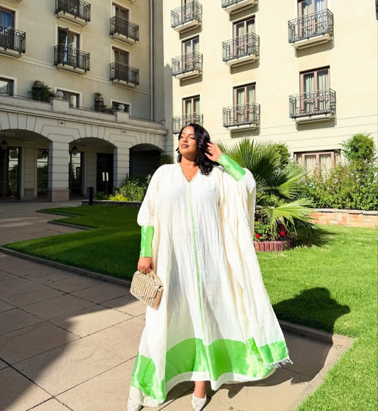 Comfortable Habesha Kaftan Dress with Green Accents – Casual Ethiopian Dress
