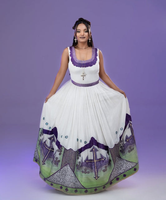 Unique Habesha Dress with Purple Cross Tibeb – Ethiopian Traditional Dress