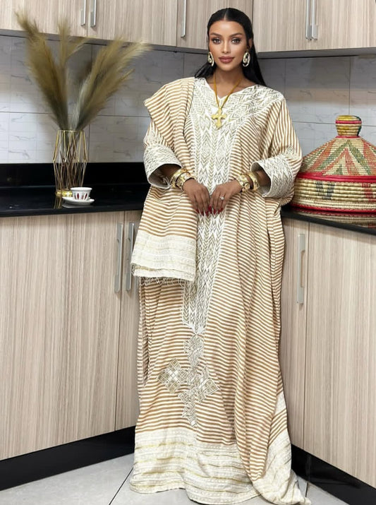 Authentic Beige Gonder Fetel Habesha Dress – Handwoven Ethiopian Kemis
